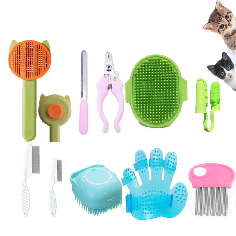 10PCS Cat&Dog Grooming Brush Kit,Self-Cleaning Grooming Brush Removes Loose HairPet bath brush,Bath Massage Glove Brush, Nail Clipper, Flea Comb 10PCS