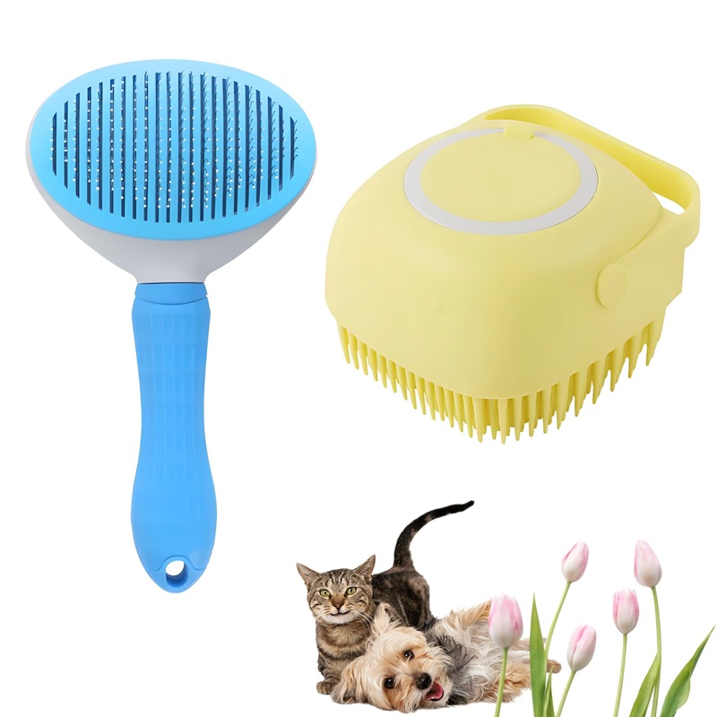 2 pc Pet Grooming Set: Self Cleaning Hair Brush & Dog Washing Brush with Shampoo Dispenser, Soft Silicone Bristle for Dogs, Cats & Puppy (Blue Yellow) Blue Yellow