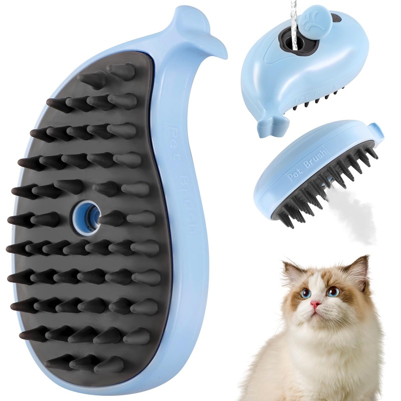 3 in 1 Silicone Grooming Brush for Cats and Dogs – Steamy Massager for Removing Tangles and Loose Hair (Blue)