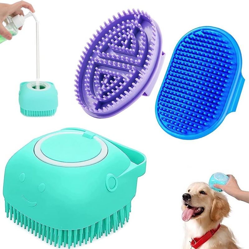 3PCS Dog Bath Brush, Dog Shampoo Brush Dog Scrubber for Bath, No Slipping Pet Shower Grooming Massaging Washing Brush with Adjustable Ring Handle for Short & Long Haired Dogs/Cats (Blue) Blue