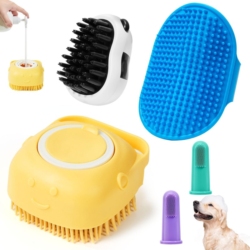4PCS Dog Bath Brush Pet Shampoo Brush with Adjustable Ring Handle Soft Massage Dispenser Panda Shape Brush for Short Long Haired Dogs Cats Showering(Yellow) Yellow