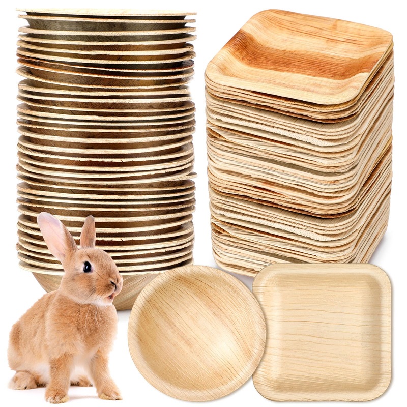 50 Pcs Palm Leaf Disposable Plates Bowls Set for Bunny 4″, Sturdy Bamboo Party Bowls Decorative Compostable Tableware for Birthday Outdoor BBQ Picnic Wedding