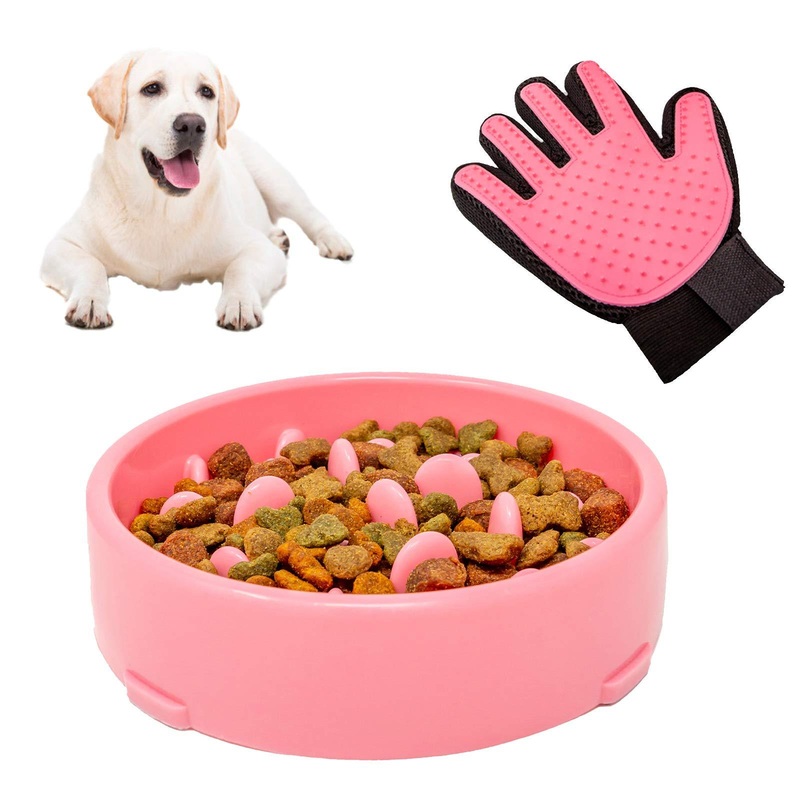 BluBell 2 in 1 Slow Feeder Dog Bowl & FREE Pet Grooming Glove  Slow feeding for Pet, Puppy & Dogs. Fun Interactive Puzzle Maze. For Diet, Reduces Bloating, Slows Down Foraging, Anti Gulp (Pink) Pink