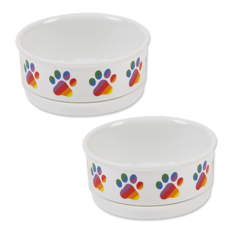 Bone Dry Ceramic Food & Water Bowls for Pets Non-Slip for Secure, Less Messy Feeding, Microwave & Dishwasher Safe, Small Set, 4.25×2, Rainbow Paw, 2 Count Small Set, 4.25×2″