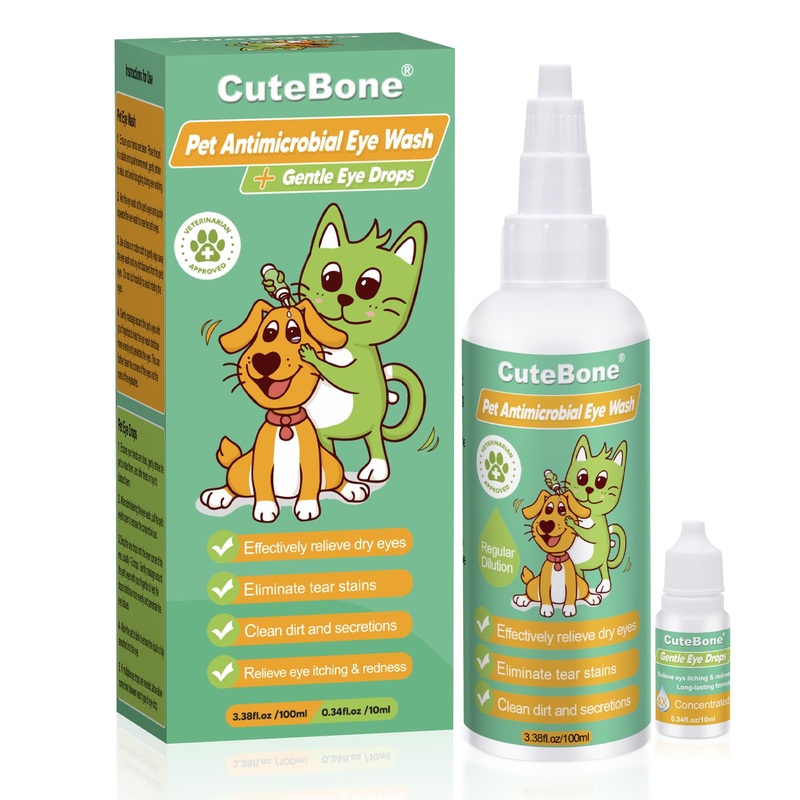 CuteBone Gentle Dog Eye Wash 3.38 fl.oz & Eye Drops 0.34 fl.oz Kit – Effectively Relieve Dry Eye Itching & Redness – Cleanses Dirt & Reduces Irritation – Eliminate Tear Stains for Pet