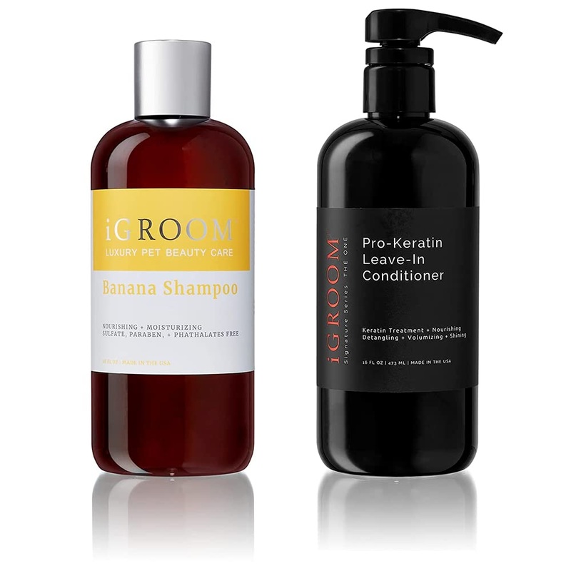 iGroom Dog Shampoo + Dog Conditioner Groomers Bundle – Banana Dog Shampoo Concentrate, Nourish & Moisturize, Nutrient Rich, 16 oz – Pro-Keratin Leave-in Dog Conditioner, Excellent Detangling, 16 oz