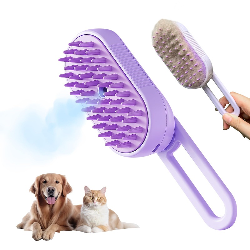 New 3-in-1 Cat Steam Brush With Enhanced Spray, Long Comb Steamy Brush for Shedding, Hair Remover, Cloud Care Water Brush for Long & Short Hair Indoor Cat and Dog (Purple) Purple
