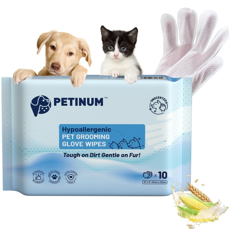 Pet Bathing Glove Wipes for Dogs and Cats, Lick Safe Deodorizing No Rinse Cleaning Glove Wipes with Plant-Based Cat Calming Ingredient, Cleaning Paws, Face, Fur and Butt (10 Pcs) 10 Pcs Grooming Gloves