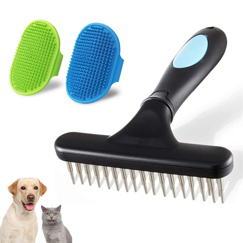 Pet Dematting Undercoat Rake + 2 Pack Dog Pet Bath Grooming Brush – Undercoat Rake Grooming Tool Deshedding Tangles Removing – Shedding Brush Dematting Undercoat Comb Dogs and Cats, Blue