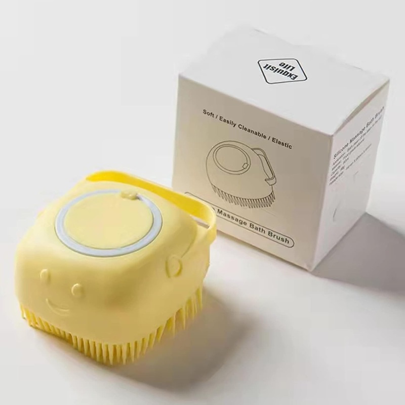 Pet Dog Bath Brush Soft Silicone Dog Shampoo Brush, Fur Grooming Cleaning Brush Shampoo Dispenser (Yellow) Yellow
