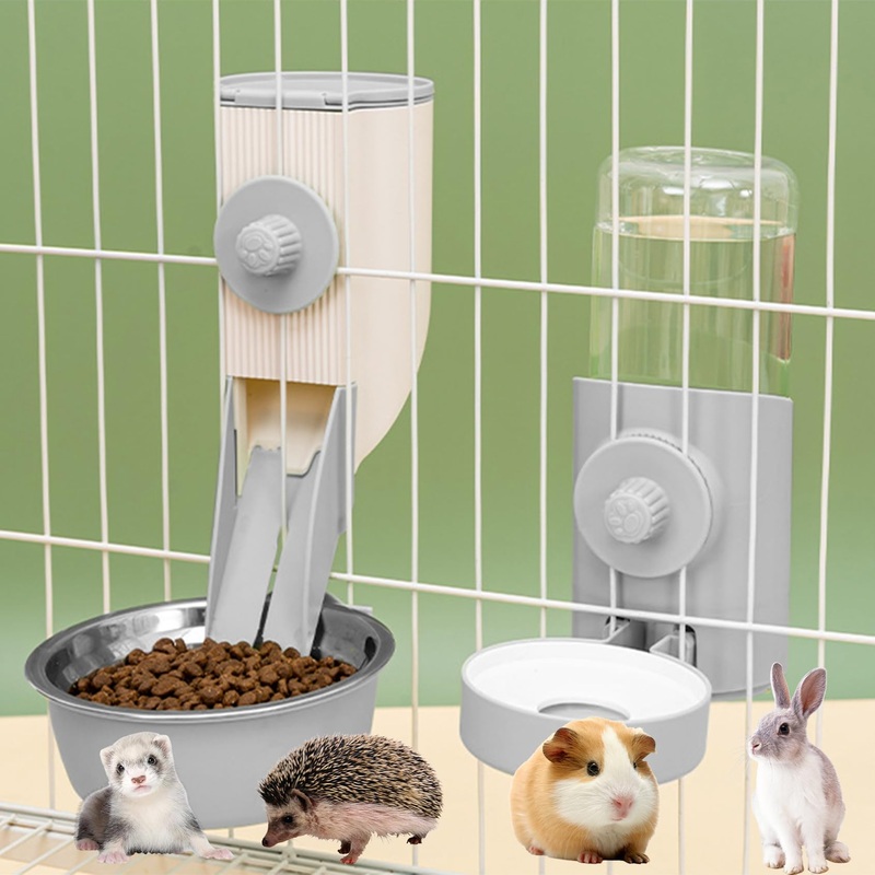 Rabbit Automatic Food Feeder with 30oz Bowl and 500ml Water Dispenser Bunny Gravity Feeding Station Waterer Set Hanging Self-Dispensing Feeder for for Cages,Ferret,Guinea Pigs Chinchillas Hedgehog GREY