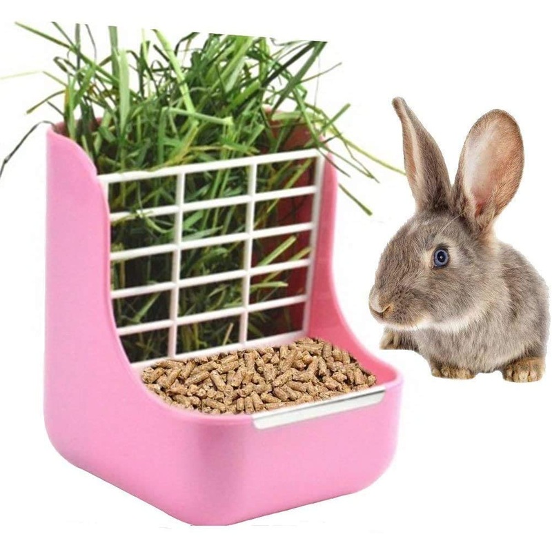 Rabbit Feeder, Hay Food Bin Feeder, Pink (Plastic), Adjustable, Removable Grass Rack, Stainless Steel Edge, for Rabbit, Guinea Pig, Chinchilla
