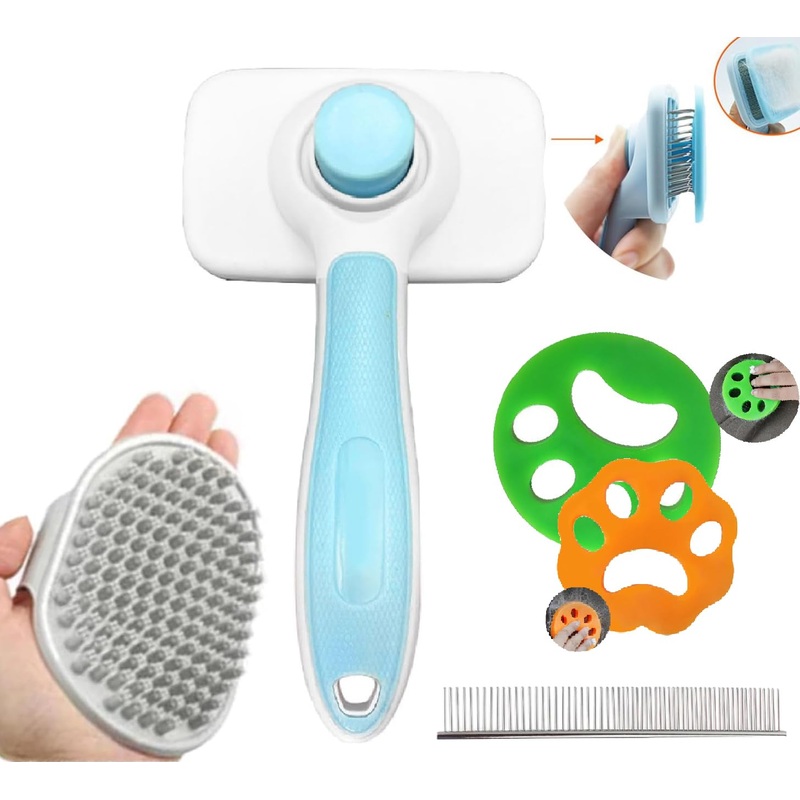 Self-Cleaning Slicker Brush for Dogs, Cats, Lightweight Dog Brush for Shedding Massaging GroomingComes with a pet steel comb and Dog Grooming Brush, As Well As 2 Silicone Pet Hair Suction Prop.