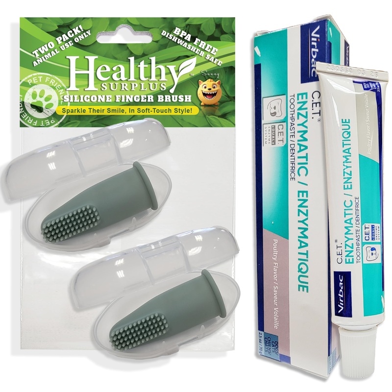 Silicone Finger Brush Twin Pack | 1 Virbac CET Enzymatic Poultry Toothpaste 2.5 oz/70 g | Fresh Breath, Plaque & Tartar Control | Dog Tooth Brushing Kit Oral Care for Pets