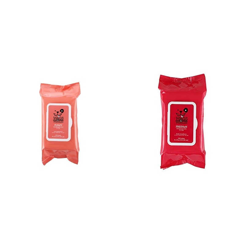 Wags & Wiggles Wipes Bundle: Purify Hypoallergenic & Freshen Deodorizing Wipes for Dogs, 100 Count Each – Zesty Grapefruit & Fresh Strawberries Scents, Clean & Eliminate Odors Without A Bath