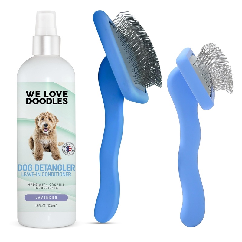 We Love Doodles Large & Small Slicker Brush & Dog Detangler Spray Kit | Slicker Brush Kit | Dog Grooming Kit | Remove Mats, Knots, & Tangles