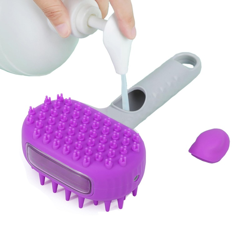 2 in1 Silicone Dog Cat Bath Brush, Pet Shampoo Brush Scrubber Massage Dispenser, Soft Silicone Grooming Shower Brush for Short Long Haired Dogs and Cats Washing (Purple) Purple