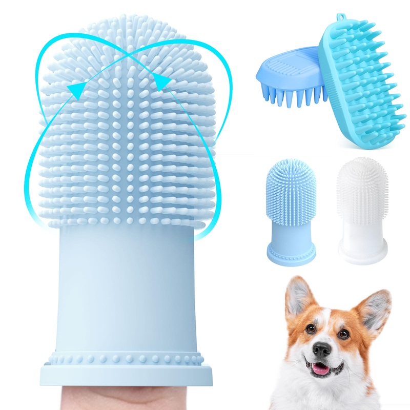 2 Pack Dog Toothbrush with Shampoo Bath Brush, 360 Dog Finger Teeth Brush with Cat Brush for Grooming/Shower/Washing/Cleaning, Soft Rubber Silicone Dog Massage Comb for Small & Large Pets