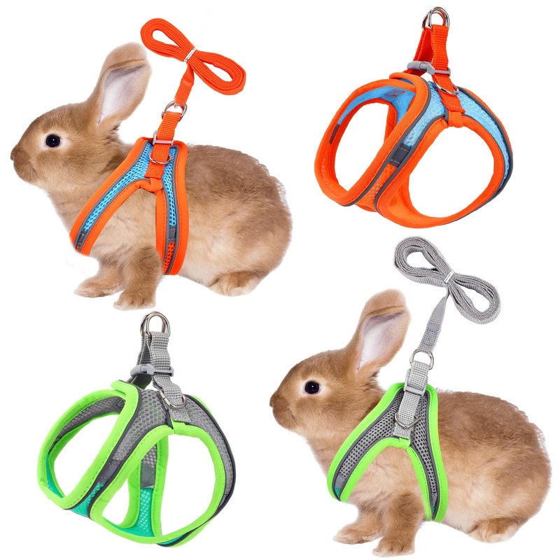 2 Pack Rabbit Harness and Leash Set, Double Buckle Bunny Harness with Reflective Strips Soft Breathable Mesh Vest Harness for Rabbits Walks Accessories