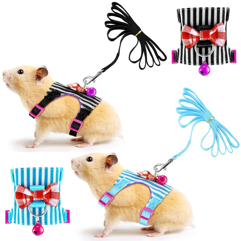 2 Pieces Hamster Harness and Leash Set for Walking, Small Guinea Pig Clothes with Bowknot Bell, No Pulling Comfort Padded Vest Striped for Guinea Pig Hamster Ferret, Small Animals (Blue, Black,S) S Blue, Black