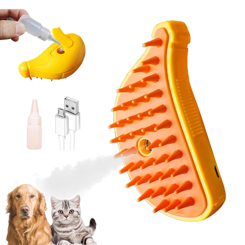 3 in 1 Water Brush with Steam for Pet Grooming – Dog and Cat Grooming Brush with Steam, Cepillo Para Gatos ALD-001-Y (Banana Yellow)