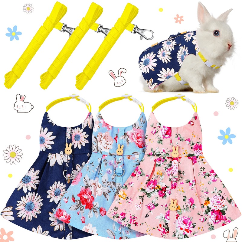 3 Piece Cute Rabbit Leash and Harness Set, Bunny Rabbit Dress Clothes Walking Harness Vest Escape Proof Pet Supply for Rabbit Hedgehog Ferret Guinea Pig (Pink Flower, Blue Flower, Daisy) Pink Flower, Blue Flower, Daisy