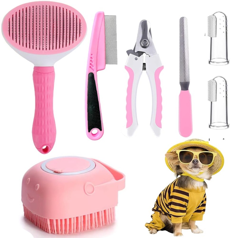 7 Pcs Cat Dog Brush Grooming Kits, Self-Cleaning Slicker Brush, Pet Nail Clipper and File, Flea Comb, Pet Shampoo Bath Brush, Pet Finger Toothbrush, Storage Bag (Pink) Pink