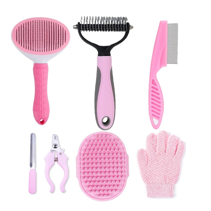 7 PCS Dog Grooming Kits,Pet Shedding BrushPet Self-Cleaning Brush with Pet Nail Clipper, Flea Comb and Shampoo Bath Brush A-Pink 7 Kits