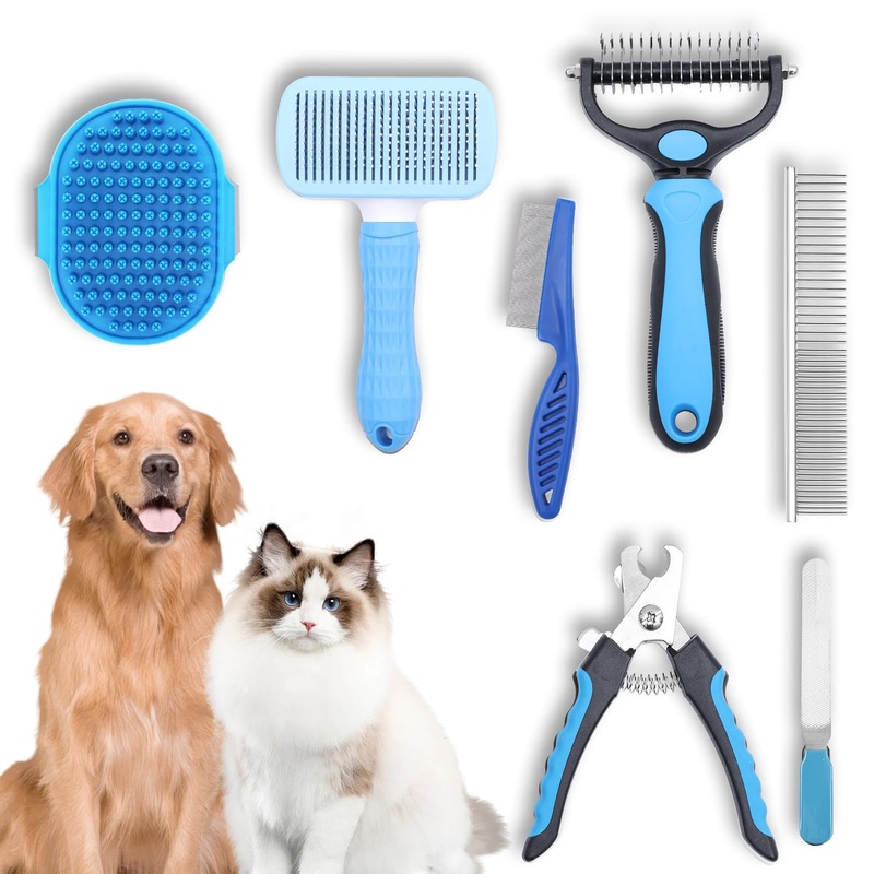 7PCS Dog Grooming Kit, Deshedding Dog Brush, Dog Pin Brush, Flea comb for dogs, metal comb, Bath Brush, Dog Nail Clipper and Nail File, Dog Brush Set for Small, Medium and Large Dogs (Blue) Blue