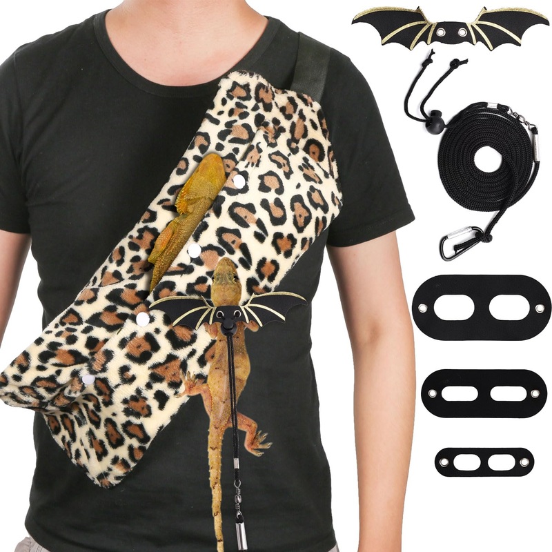Bearded Dragon Backpack and Leash with Wings, Leather Adjustable Lizard Leash Reptile Carrier Harness Pet Reptile Backpack with Wing Accessories for Outdoor Walking Travel Rest