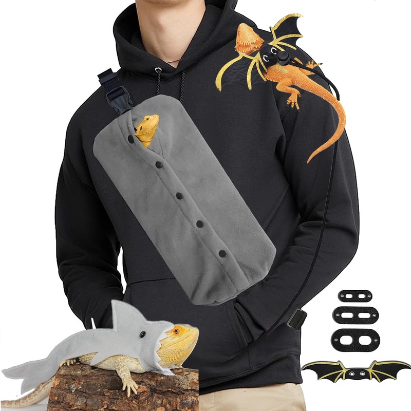 Bearded Dragon Carrier Set, Reptile Carrier Kit Includes Bearded Dragon Leash and Carrier, Shark Costume, Bearded Dragon Harness Vest with Costume for Small Pets Travel Gray