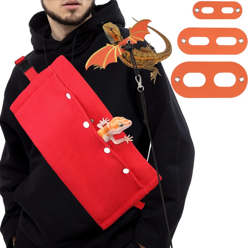 Bearded Dragon Carriers and Leather Leash with Wings,Bearded Dragon Leash Lizard Adjustable Harness,Small Pet Backpack Batwing Accessories for Outdoor Travel-Red Red