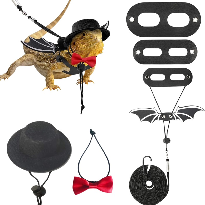 Bearded Dragon Leash Harness, 3 Size Pack Leather Wing Lizard Harness with Hat & Bow Tie Collar for Bearded Dragon Lizard Reptiles Small Pets Photo Props (Black) Black