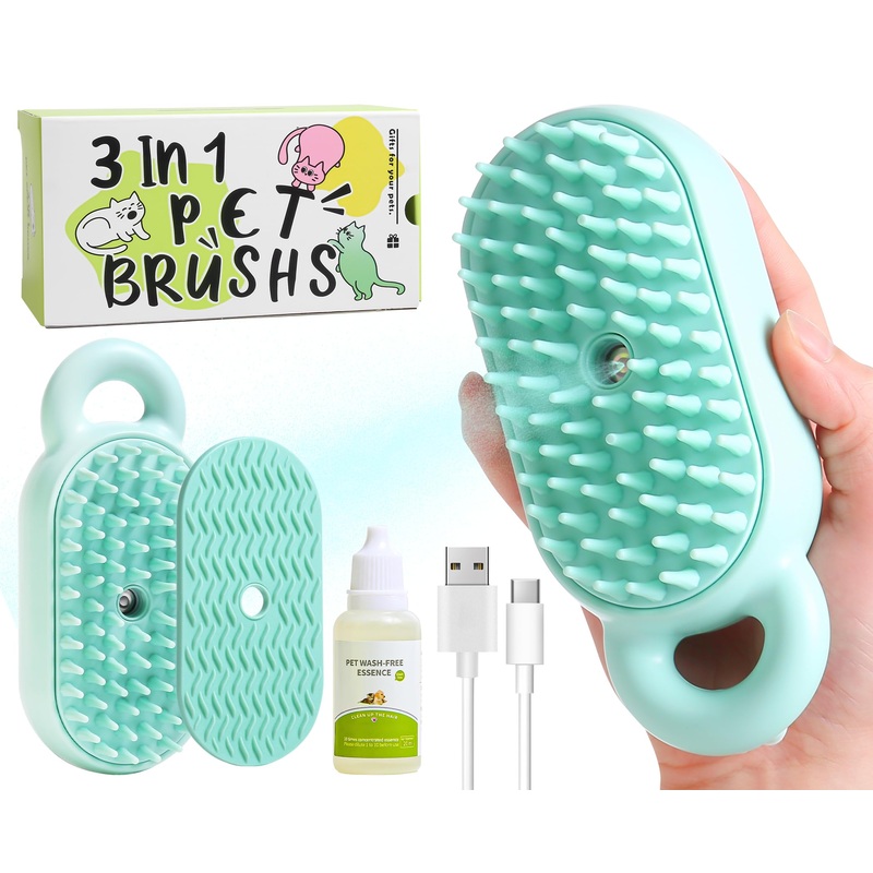 Cat Steam Brush,3 in 1 Steamy Cat Brush,Cat Brush for Shedding, Multifunctional Pet Steam Brush Cat Hair Brush for Removal of Shedding and Tangled Hairs,Water Brush for Cats (Green) Green