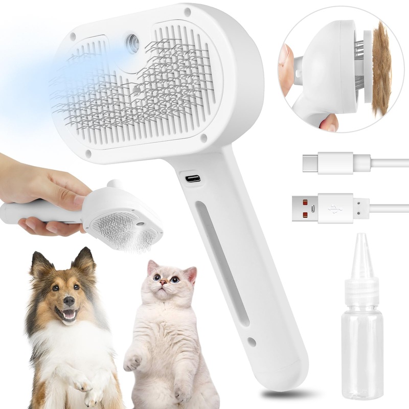 Cat Steam Brush for Shedding, 3 In 1 Cat Steam Brush for Long & Short Haired Cats & Dogs, Rechargeable Dog Steam Brush, Pet Steam Brush for Cats, Steam Cat Brush with Release Button and Tank