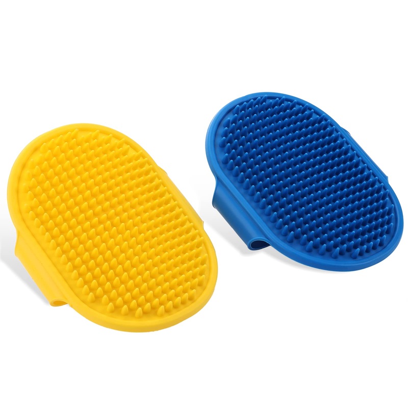 cobee Dog Grooming Brush, 2 Pieces Silicone Rubber Pet Bath Brushes with Adjustable Strap Handle Rubber Shower Brush Pet Shampoo Bath Brush Comb Puppy Massage Brush Fur Cleaning Brush Blue Yellow