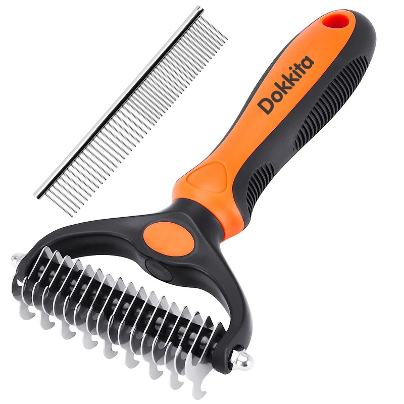 Dokkita dog brush cat brush undercoat long hair short hair, undercoat brush 17+9 rake side, undercoat comb removes undercoat and matting, fur brush with massage effect & top hair protection orange