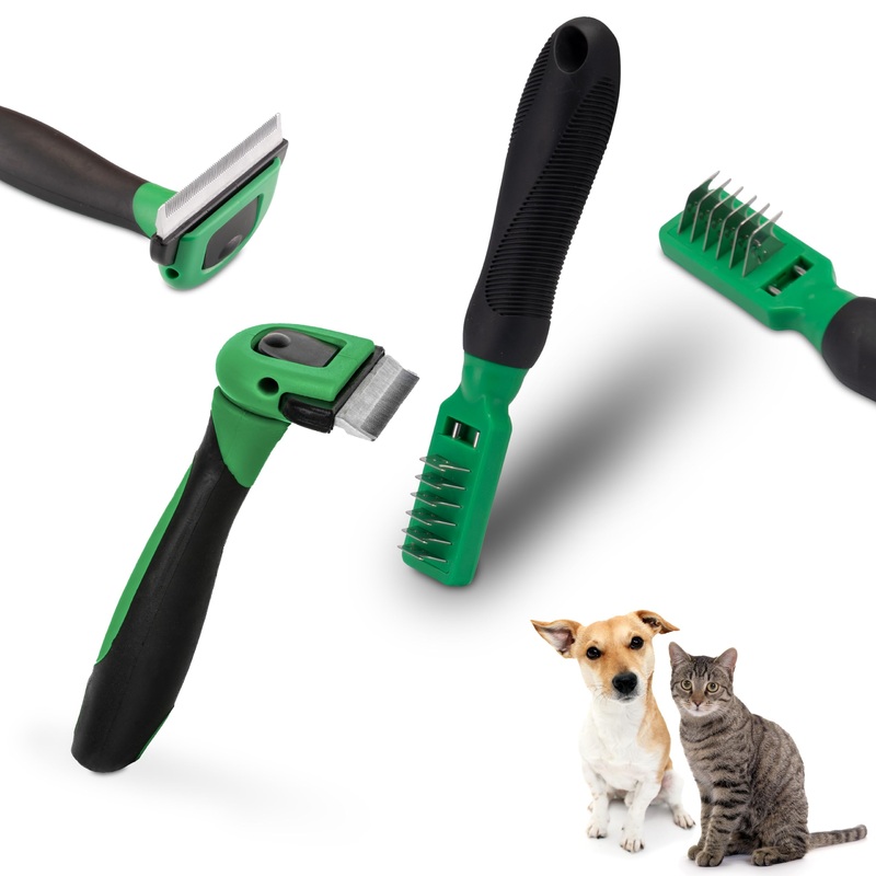 FinoPet set of 2 with fur brush and de-matting knife, long-hair short-hair undercoat brushes, animal hair remover, trimming knife, plucking brush under-fur brush for grooming dogs and cats. Set of 2 de-matting brush and deshedder