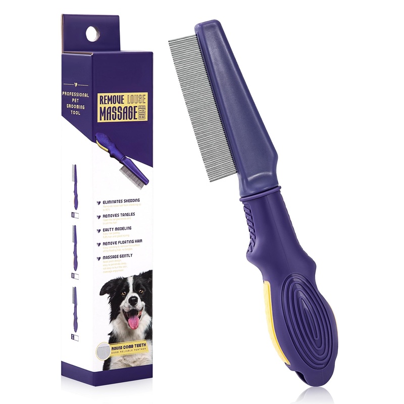 Flea comb for dogs and cats, professional lice comb with rounded metal teeth. Dog combs for effective protection against fleas, lice, ticks and other parasites