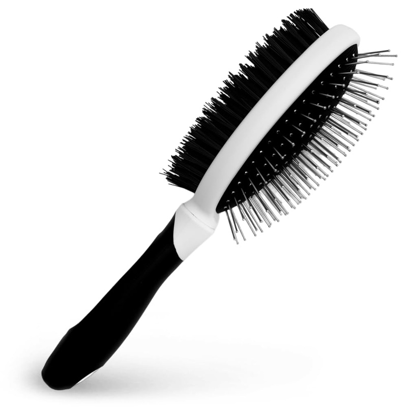 Fuller Brush 2-in-1 Double-Sided Pet Brush – Electroplated Round-Ended Steel Pins Positioned Into a Flexible Cushion on One Side & Nylon Bristles – Remove Shedding – Tool For Grooming Dogs & Cats