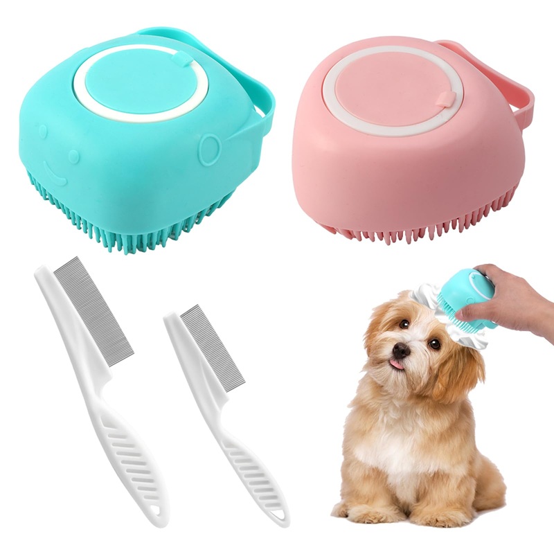 iayokocc 2Pcs Dog Cat Bath Brush Soft Silicone Dog/Puppy Massage Brush Hair Fur Grooming Cleaning Brush with Shampoo Dispenser,for Long Short Haired Pets,with 2Pcs Pet Flea Comb. blue , pink