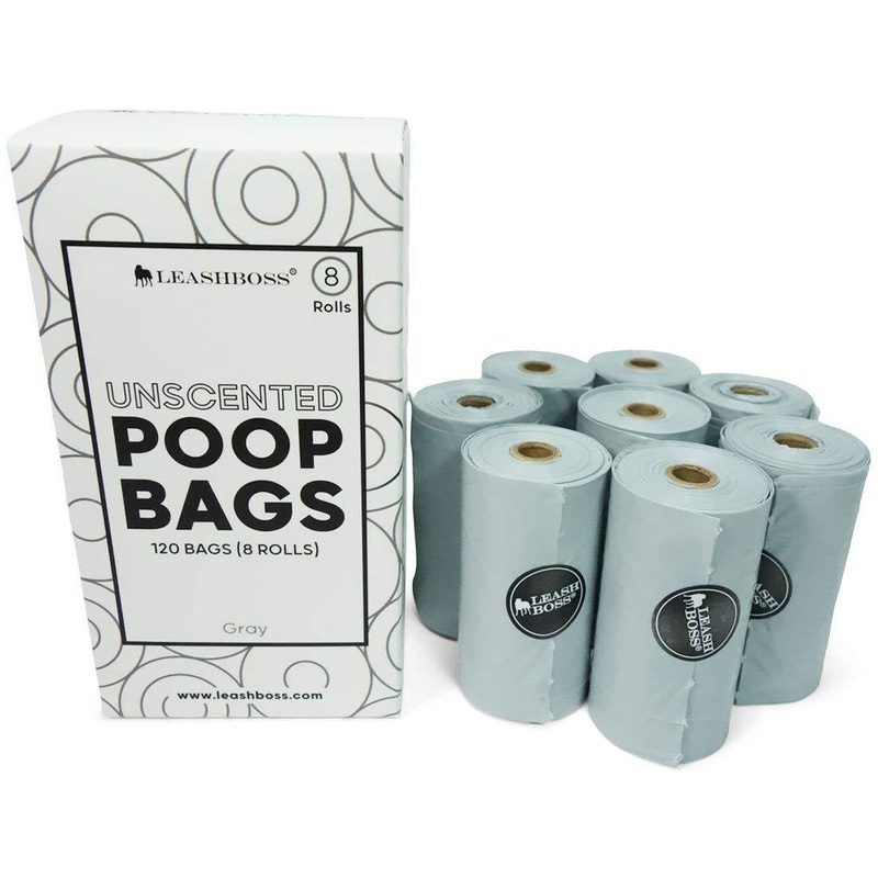 Leashboss OXO-Biodegradable Dog Poop Bags – 120 Bags, 8 Rolls Unscented Leak Proof Waste Bag Rolls Gray