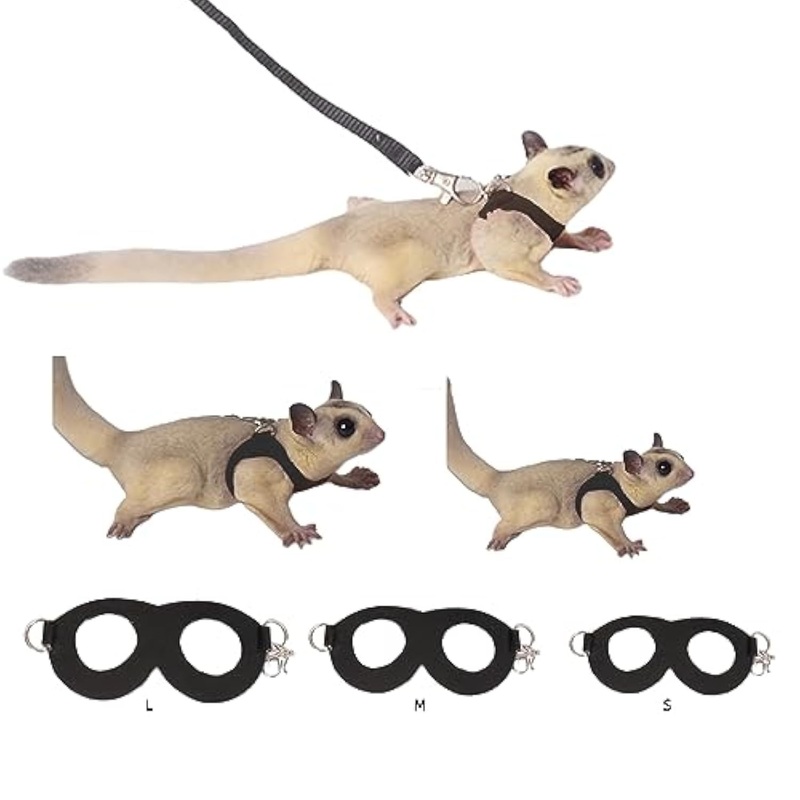 MANON ROSA Sugar Gliders Harness Leash Set – 3 Pcs Training Walking Gear Small Animal Adjustable Traction Ropes Vest for Squirrels Hamsters Rats Gerbils Reptiles Bearded Dragon Lizards Black 01 Black