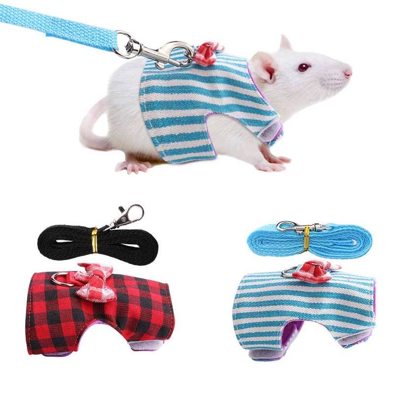 Pet Rabbit Traction Rope, Pet Small Animal Bunny Hamsters Harness Chest Strap Red Grid Blue Stripes 2 Pieces(M) Medium