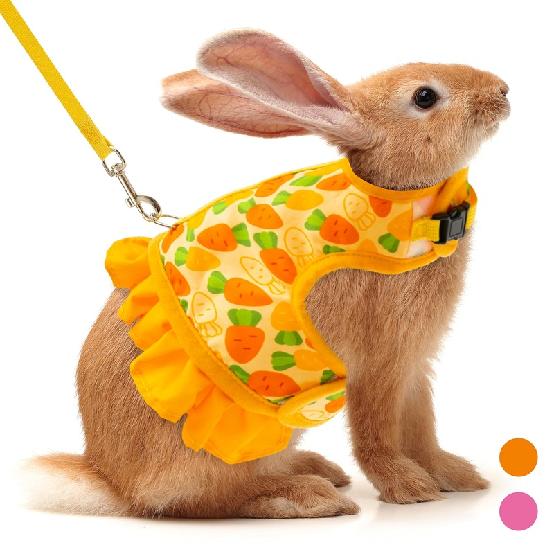 Rabbit Harness and Leash for Walking Escape Proof – Cute Carrot Pattern Mesh Breathable Bunny Vest Harness Outdoor Camping Hiking Training – Also Suit for Ferret Kitten Puppy Small Animals S (neck:5.5″-7″ chest:7″-9.8″) Yellow