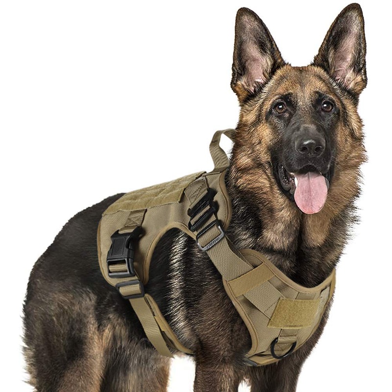 rabbitgoo Tactical Dog Harness Vest Large with Handle, Military Working Dog Molle Vest with Metal Buckles & Loop Panels, No-Pull Adjustable Training Harness with Leash Clips for Walking Hiking Hunting L: Neck (24.8-34.6″). Chest (31.5-41.3) Tan