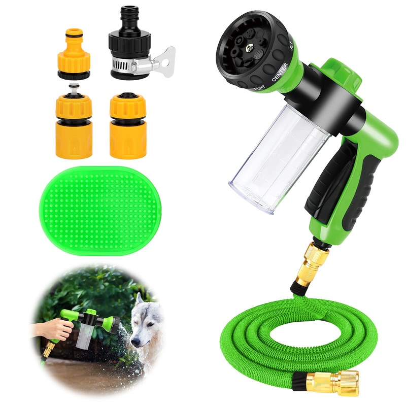 Rypet Dog Wash 7 Pieces Pet Bathing Tool Set Includes Expandable Hose Nozzle Foam Sprayer Connector Dog Rubber Brush for Bathing Pets, Washing Cars and Watering Plants Green