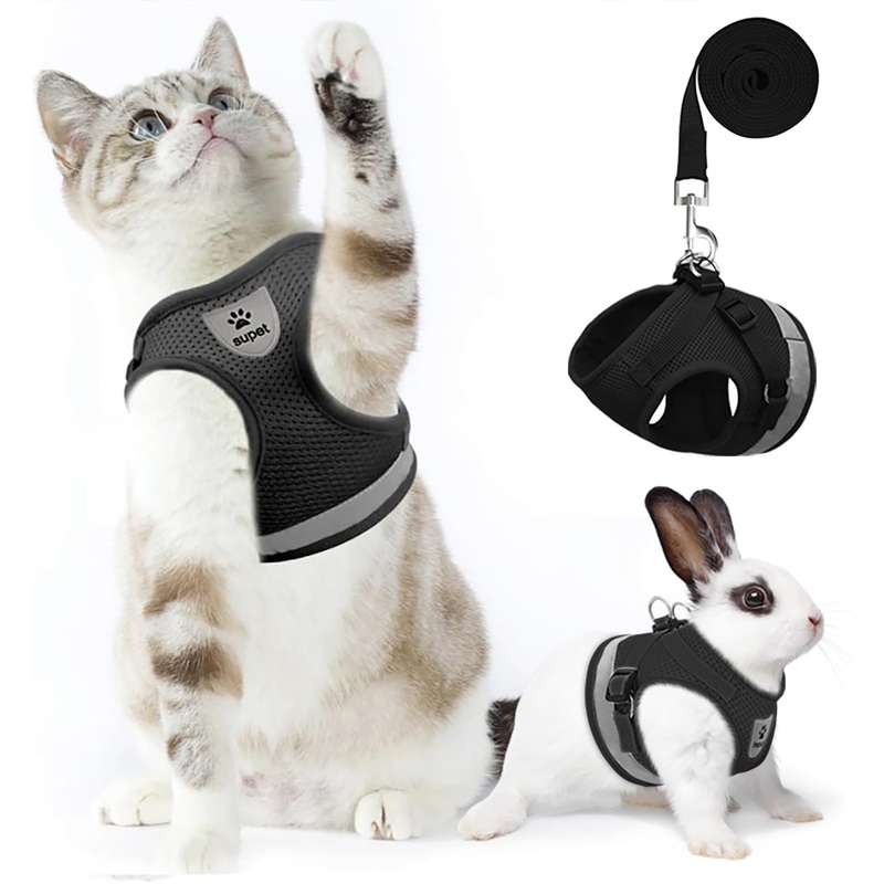 Supet Cat Harness and Leash Set for Walking and Small Dog Soft Mesh Harness Adjustable Vest with Reflective Strap Comfort Fit for Pet Kitten Puppy Rabbit M (Chest: 12.5″ – 15.5″) Black