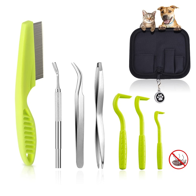 Tick Hook Removal Tool Set, Tick Remover Tweezers Kit for Dogs/Cats/Horses/Humans,Flea Tweezers Removal Tool Included Removal Tweezers+Tick Shovel+Tick Clip+Hair comb+3 Hook+Tag+Leather Case