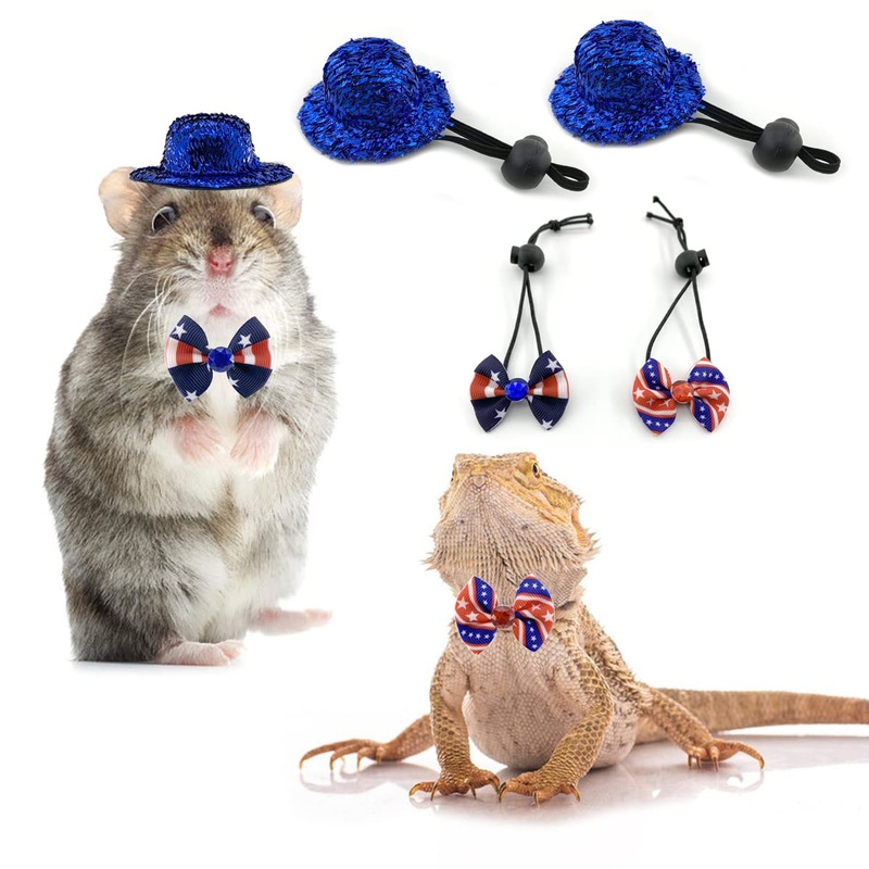 Vehomy Small Animal Independence Day Costume – 4th of July Hamster Hat and 2Pcs Bowtie Collars for Bearded Dragon Lizard Parrot Chicken and Other Similar Small Pets 3Pcs